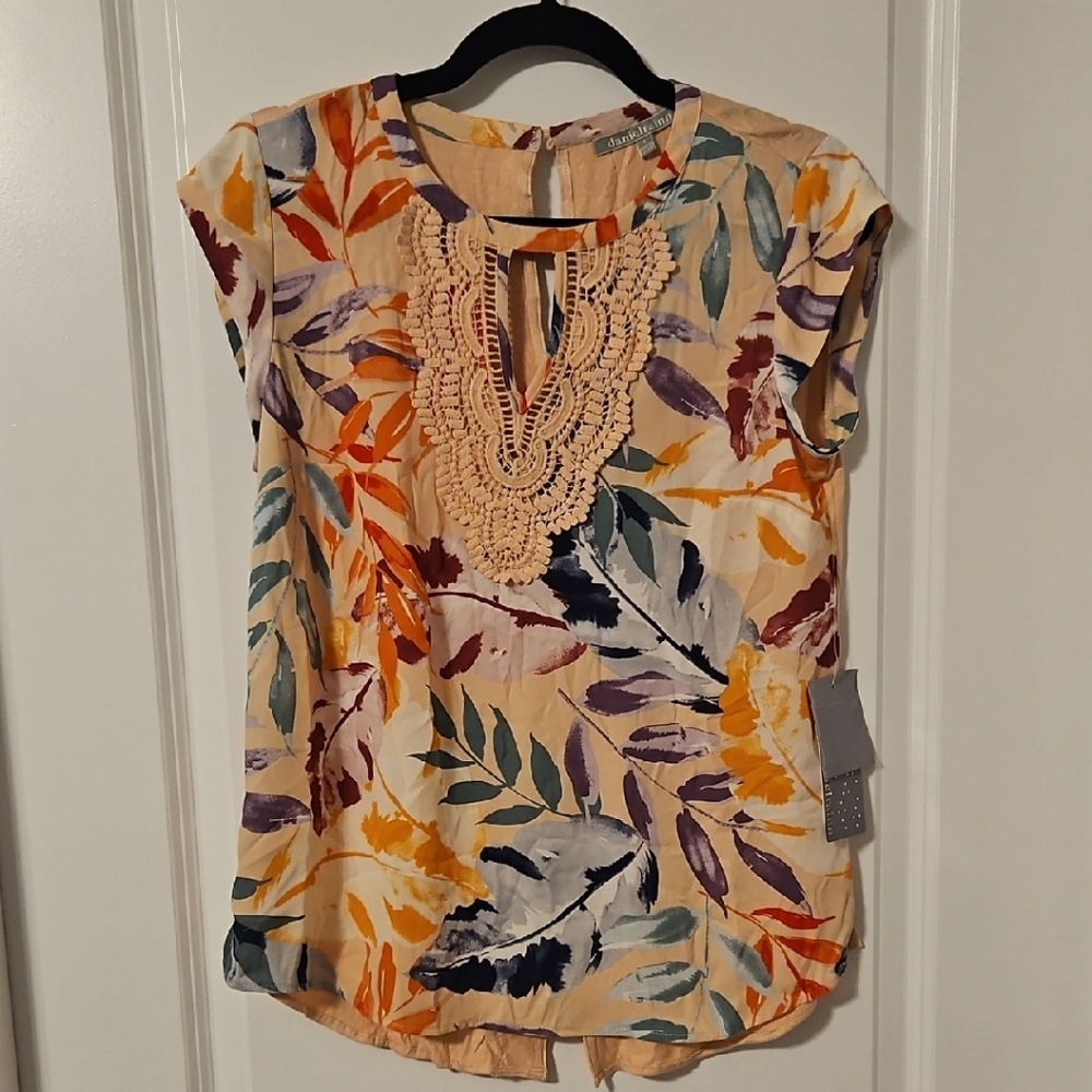 Daniel Rainn Multicolor Leaf Print Blouse with Crochet Detail